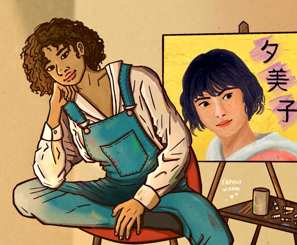 A digital illustration of my character Mona, a mixed-Egyptian teenage girl.  She has curly brown hair that almost reaches her shoulders. She poses on a chair in blue overalls and a white button-up shirt, both splattered with various paint colors, beside a painting she's made. The painting is of her girlfriend Yumiko, a feminine (but nonbinary) Japanese person with short dark hair and bangs. Various painting supplies are also on a small table off to the side. 