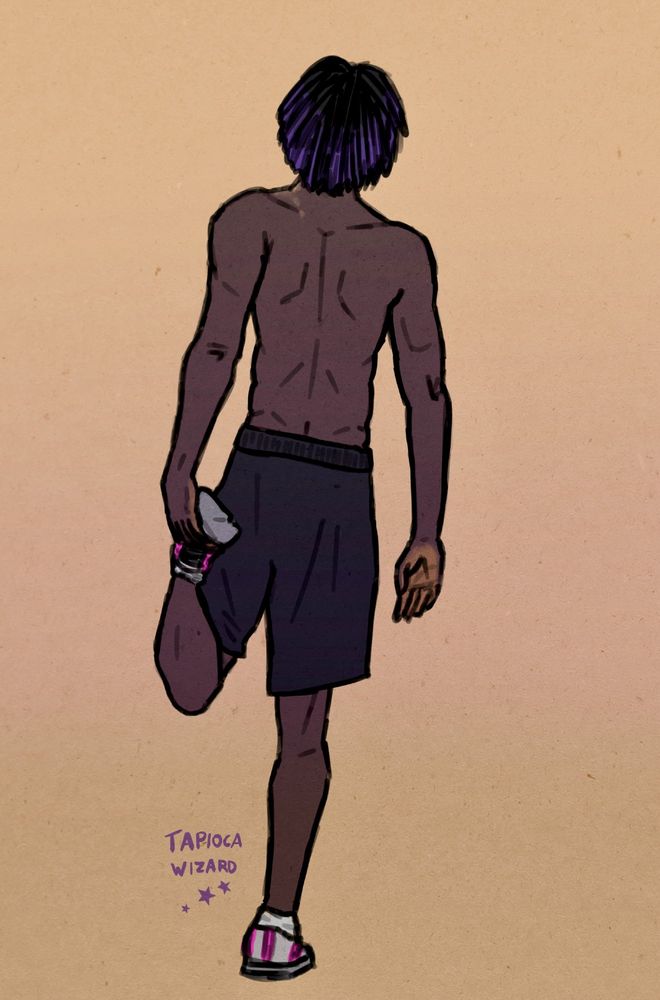 A digital sketch of my character Nsimba, a young Black man, stretching one of his legs before a workout. The drawing is from behind, showing his back muscles as he is shirtless, wearing only a loose pair of black shorts and some white and pink sneakers. His hair is in twists and has a black to purple ombre. He also has a little bit of scarring visible coming down the side of one shoulder and his neck. 
