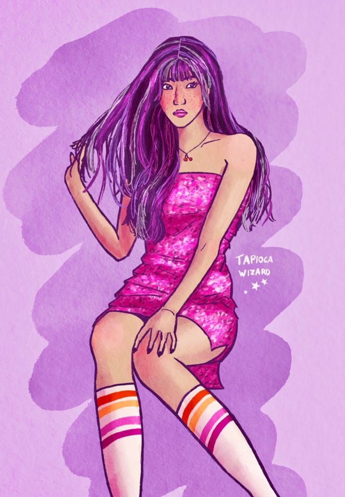 A digital art piece of a Korean girl sitting in a glittery pink dress and knee-high socks. The socks have several stripes on them in oranges and pinks, as a subtle nod to the lesbian flag. She is playing with her hair, which has streaks of pink, purple, and white. 