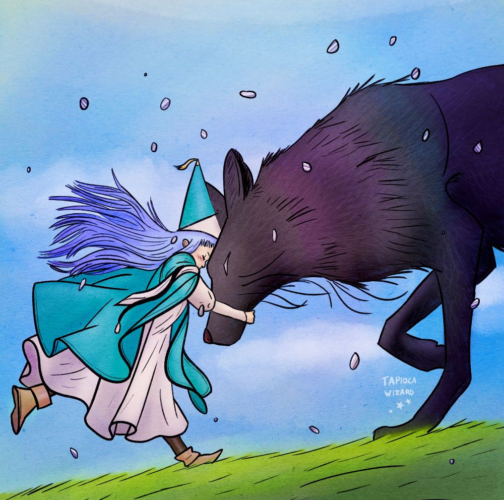 Fanart of Richeh and Euini from Witch Hat Atelier, a panel redraw of the two of them touching foreheads with Euini in scalewolf form, silver scales flying around the two of them. The lineart is bold and the colors are vibrant, with a soft gradient-style coloring. The style is made to be reminiscent of the original manga's art but without the hatching shading style. 