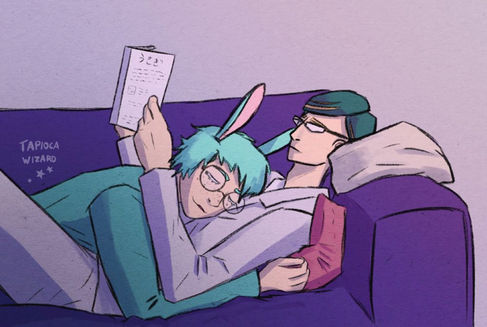 A digital illustration of two characters snuggling on a couch. One of them is Sir Nighteye from My Hero Academia, a skinny man with glasses and dark green hair with yellow streaks. He is wearing a simple grey suit and is reading a book. Snuggled on his chest, sound asleep, is a male original character with mint green hair and bunny ears, small freckles across his face, and big round glasses. 