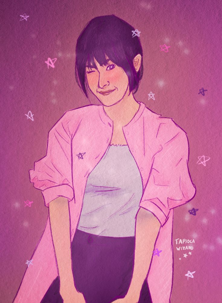 A digital illustration of Choerry from Kpop group Loona/ARTMS. She has black hair tied back that frames her face as she winks, with a loose pink shirt over a white top and black shorts. The piece is mostly pink and purple, with sketchy pencil-looking lines and little doodle stars all over. 