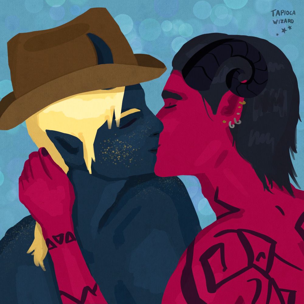 Lineless digital art of two male tieflings kissing. The one on the left has dark blue skin, long blond hair in a ponytail, and a cowboy hat. The one on the right has magenta skin, black hair, ram horns, and a bunch of tattoos on his back and arms.