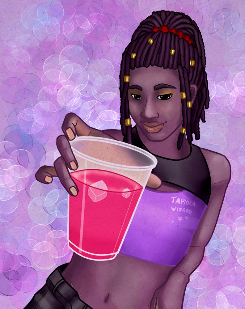 A digital art piece of my original character Nzuzi. He is a skinny Congolese man with his hair in long dreadlocks that are pulled back into a high ponytail. His style is very feminine, with a crop top with a 'boob window', and he is holding out a bright pink drink in a plastic cup. 