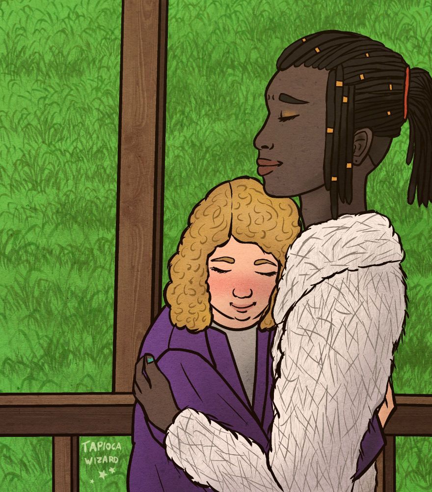 A digital illustration of two characters hugging, my OCs Nzuzi and Marion. Nzuzi is a tall, skinny Congolese man with his hair in long dreadlocks tied back in a ponytail. He wears a fluffy white winter coat. Marion is a significantly shorter white woman with fluffy blonde hair and a purple coat. The top of her head is only slightly above Nzuzi's jaw, her head tucked into his chest as they embrace. They stand in a gazebo with grass visible behind. 