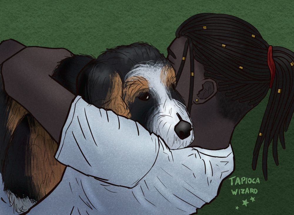 A digital illustration of Nzuzi, a young Black boy, hugging Lentil, a fluffy Bernedoodle dog. Nzuzi is wearing a plain white t-shirt, and has his hair in dreadlocks which are tied back in a red ribbon with gold jewelry.