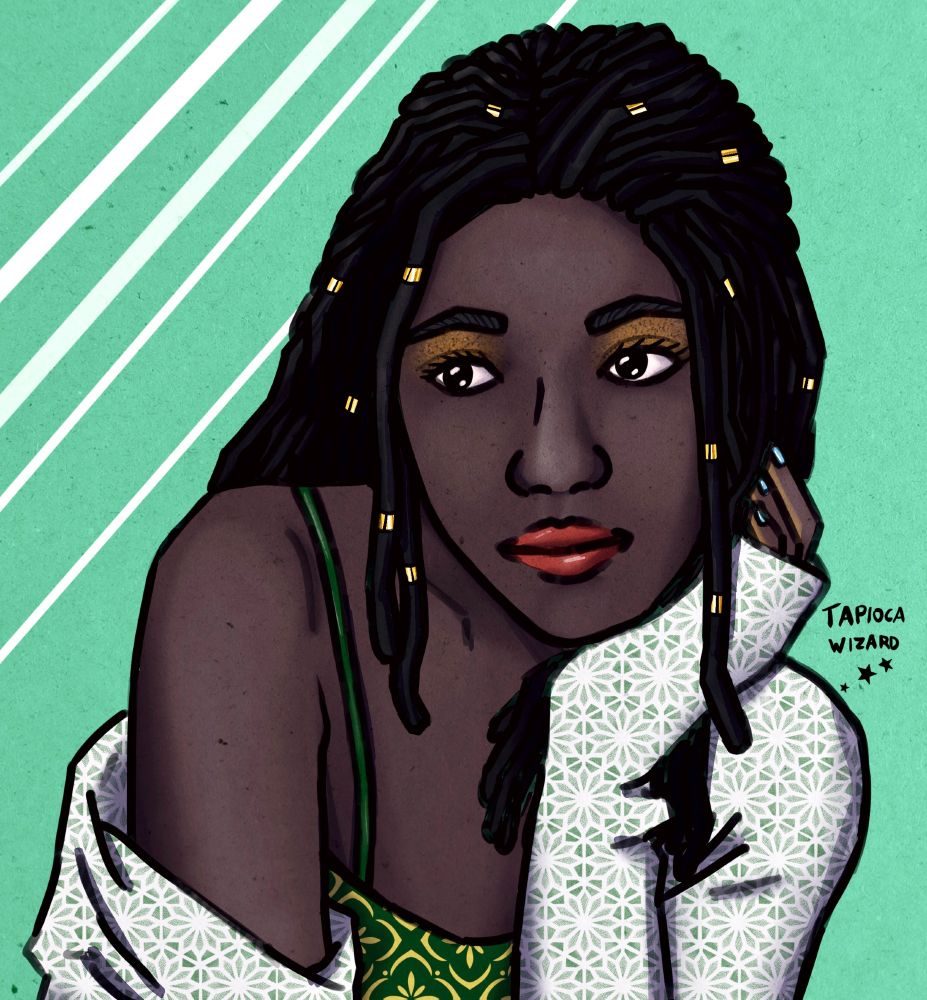 A digital art piece of my character Nzuzi, an androgynous-looking Black man. He has his hair in long dreadlocks with gold hair jewelry, and wears a sweater falling off one shoulder over top of a colorful tank top. His lips are bright red with lipstick and he has glittery gold eyeshadow. 