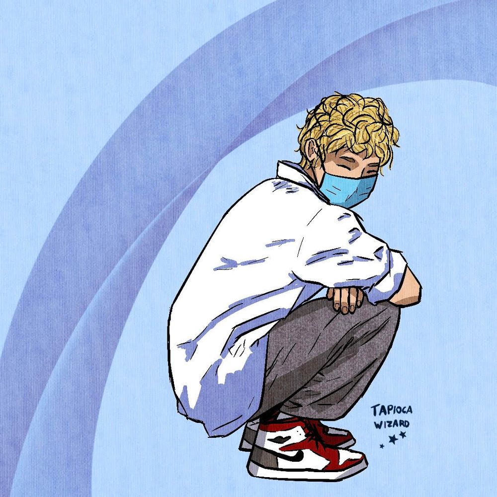 A digital illustration of a white boy crouched over and smiling. He wears a blue surgical mask, a white collared shirt with the sleeves rolled up, grey sweatpants, and red and white Nike shoes. He has curly blond hair. The background is light blue and purple.