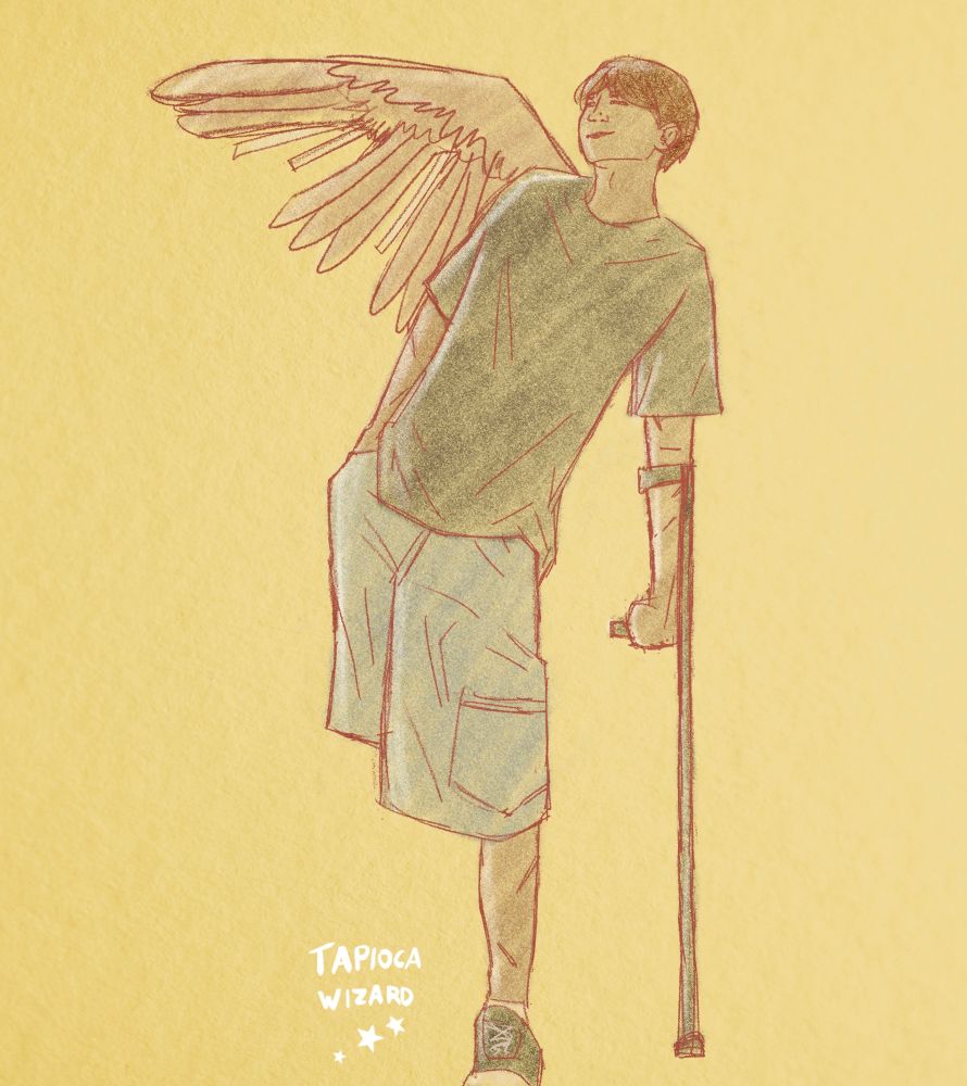 A digital sketch of a male character in baggy, casual clothing. He is missing one leg and leans on a forearm crutch on the opposite side for balance. He also has one angel wing coming from his back, though it's damaged and missing several large feathers. 