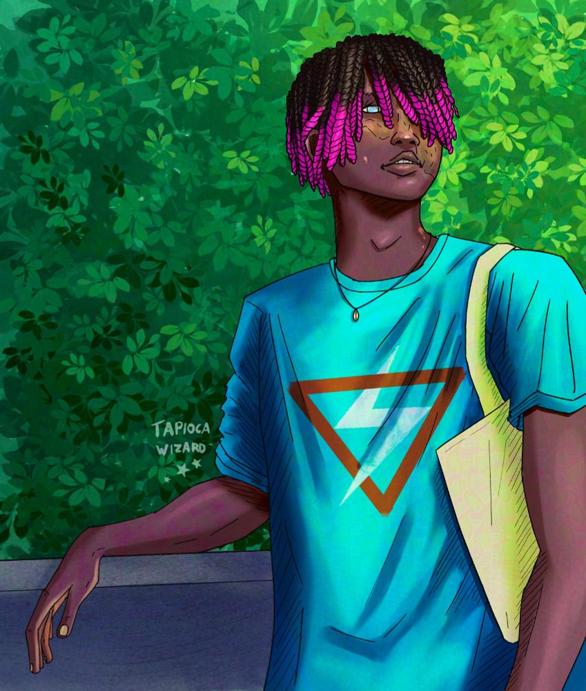 Digital art of my OC, Nsimba, a young Congolese man with burn scars across his face in a blue tshirt. His hair is in medium-length twists with a bright pink ombre, parted to cover one eye entirely. He stands with a tote bag under one arm, leaning on a cement wall.