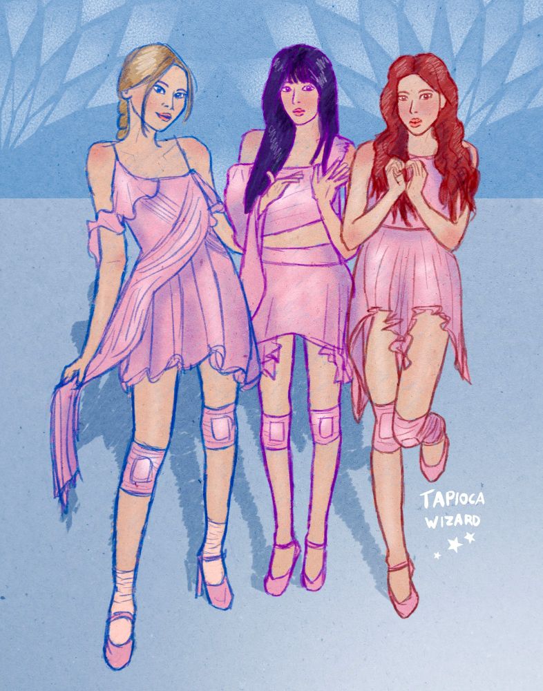 A sketchy digital drawing of Jinsoul, Choerry, and Kim Lip from kpop groups ARTMS/Loona. The three stand in various poses in flowy pink outfits from ARTMS' Icarus comeback. 