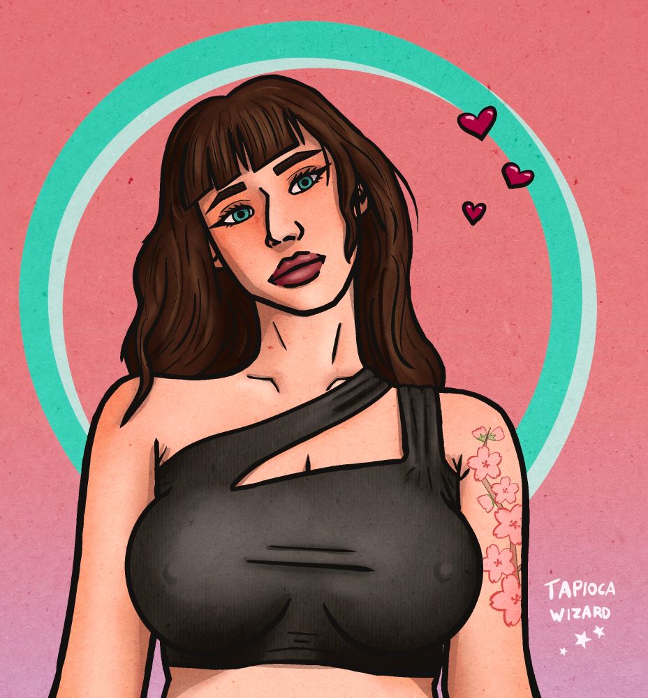 A digital illustration of my character Mila, a white (Dutch) trans woman. She has straight bangs and slightly wavy brown hair, bright blue eyes, thick lips, and a slightly hooked aquiline nose. She wears a tight black crop top with both straps on one shoulder over her large chest, and she has a tattoo of cherry blossoms on one shoulder. 