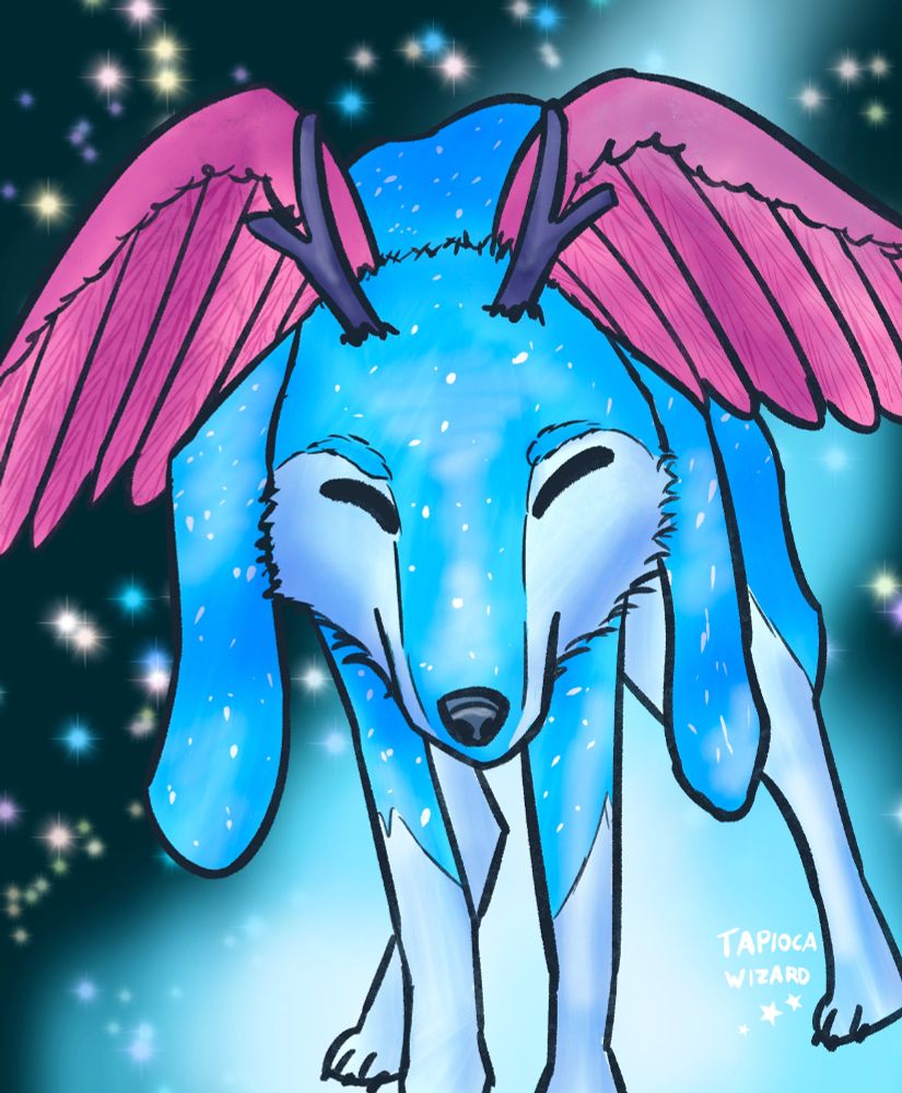 A digital art piece of a fantasy creature that looks like a light blue fox with long floppy ears, small antlers, and pink wings on its back. It looks into the camera with squinted eyes as it walks on a glowing blue path through the stars. 
