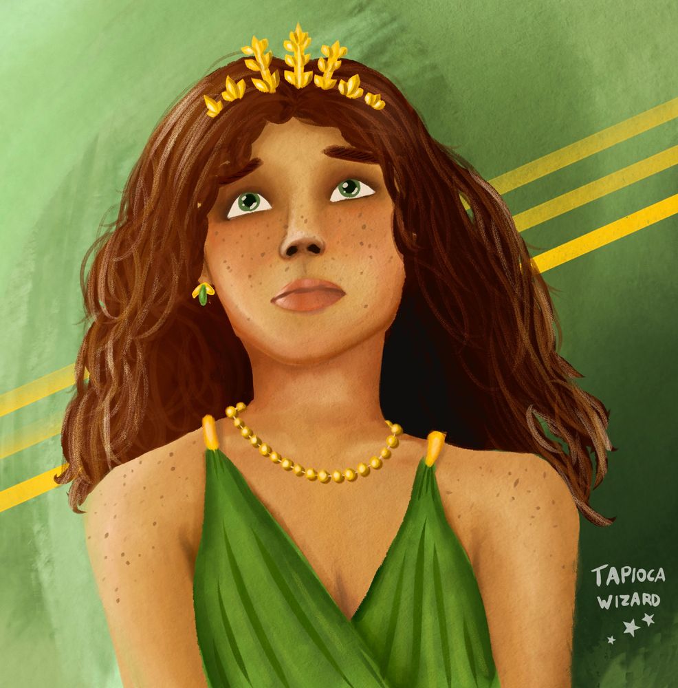 A digital painting of an androgynous-looking character with long brown hair. He wears a green dress/tunic with gold accessories including a crown-like headpiece, one visible earring, and a necklace. 