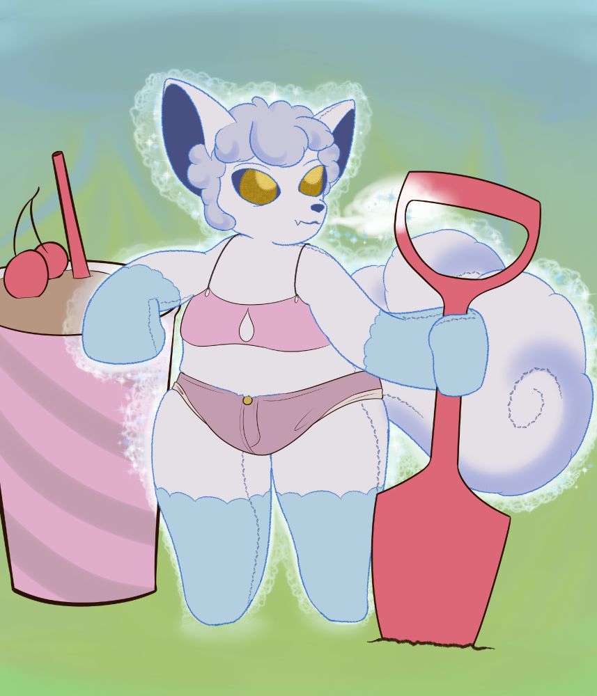 A small anthro vulpix animate plushie leans against a milkshake cup that's nearly as tall as it is.