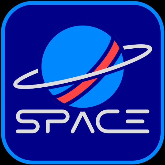 a navy roundrect with a blue planet shape, crossed by a red angled stripe with an angled white orbital ring. below it is "SPACE" in stylized lettering 