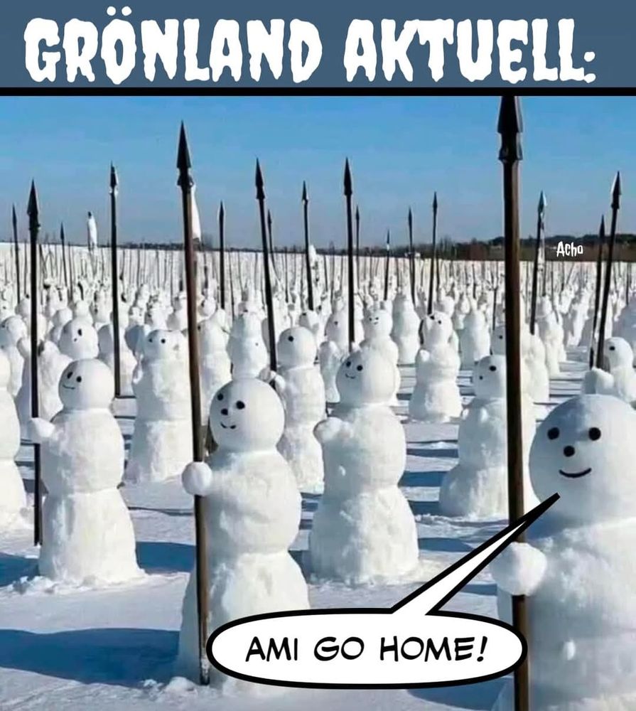 Flache beschneite Ebene mit ganz vielen gleich gebauten Schneemänner mit aufgemalten Lächel-Gesichtern und Speeren senkrecht in den Händen.
Text:
"Grönland aktuell" 
und
"Ami go home" in einer Sprechblase 