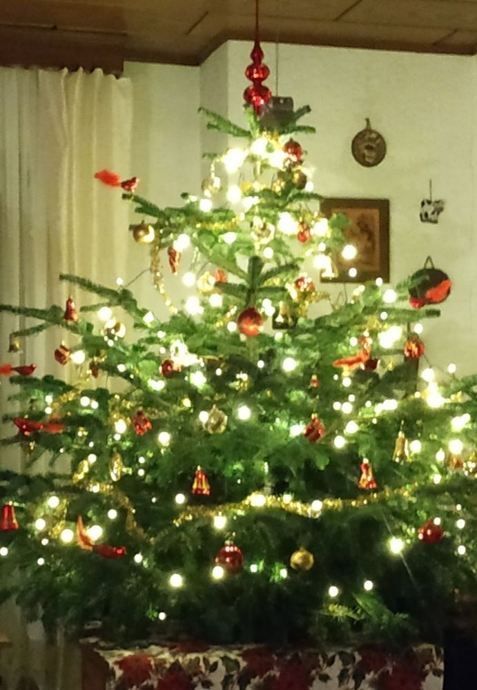 Ein Bild meines Weihnachtsbaumes mit vielen kleinen Lichtern, rote und goldene Kugeln, sowie Zapfen, Herzen, Vögel, Glöckchen und Päckchen.