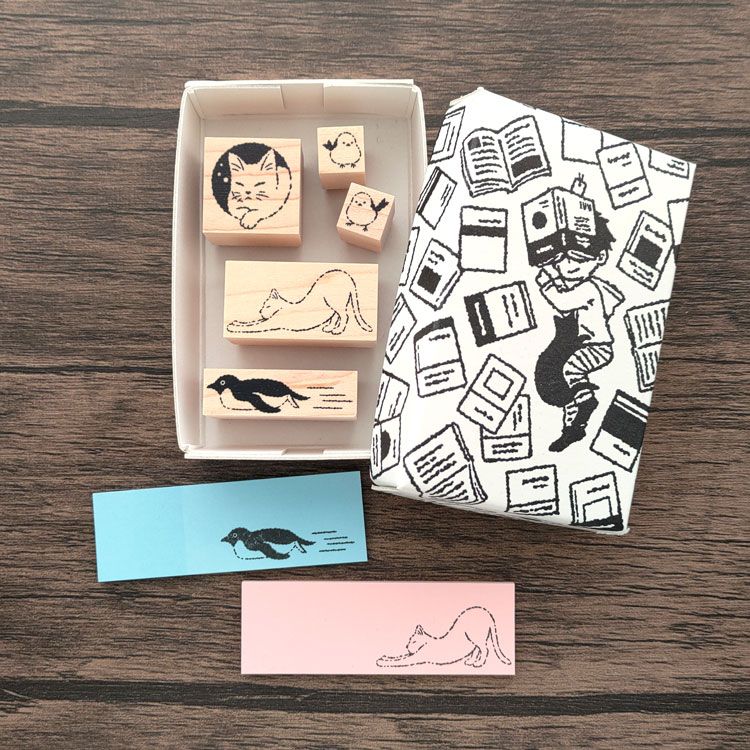 These are rubber stamps and boxes I designed. Cat, penguin, and bird stamps. The lid of the small box is letterpress printed.