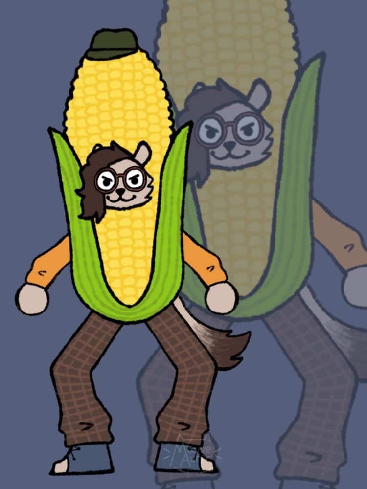 An image of Quin, an anthropomorphic stoat in a corn suit