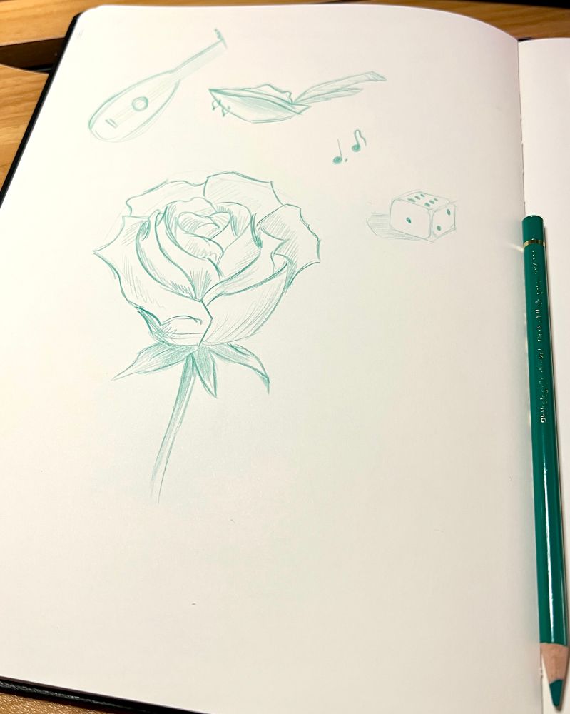 A sketchbook page with a rose sketched in green colored pencil.
