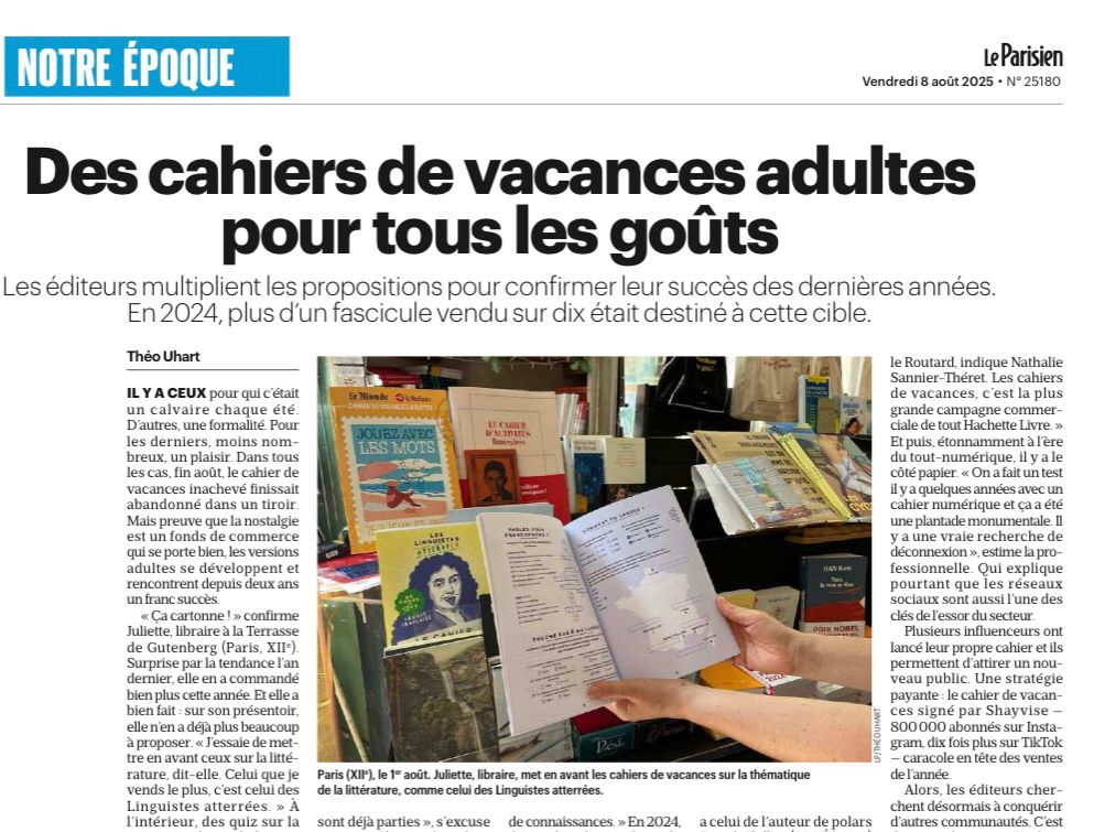 Extrait du journal "Le Parisien" avec vitrine sur les cahiers de vacances 