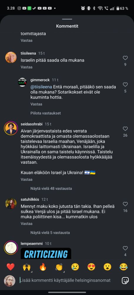 Seida Sohrabin kommentti Instagramissa