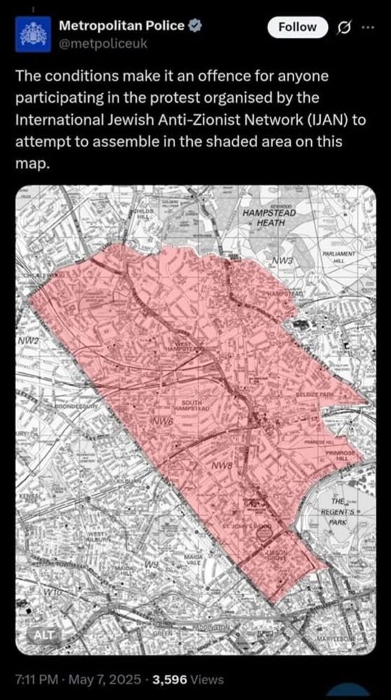 Police map of exclusion zone for protests in London by the International Jewish Anti-Zionist Network 