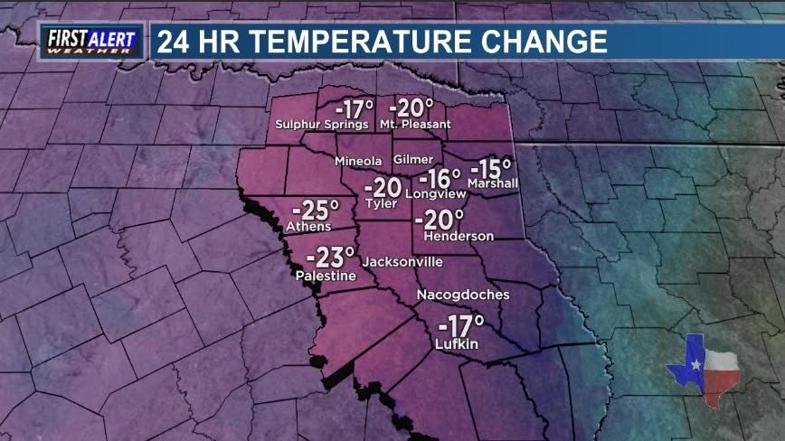24 temperature change for East Texas