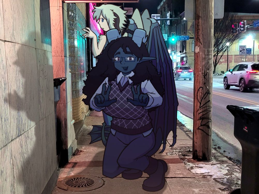 Sky on one knee, holding two peace signs outwards. She has a cheery expression.

Svel is behind her, turning to look at the camera. They're holding one hand out passively. 

The background for this image is a real image of the sidewalk on E Carson Street in Pittsburgh, Pennsylvania, at night. Small patches of mostly melted snow are scattered around.