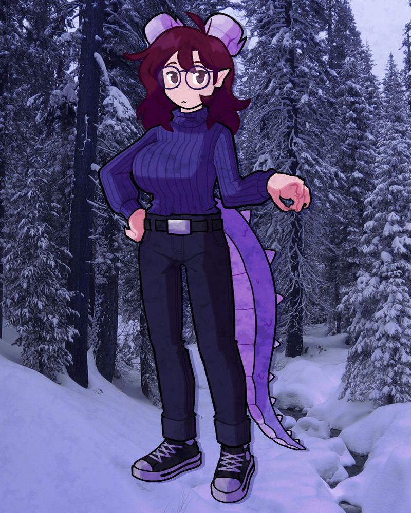 A tall, red-haired woman with horns and a long reptilian tail, in a blue-tinted snowy forest of red fir trees. She's wearing round glasses, a purple turtleneck sweater, dark grey pants, and shoes similar to Chuck Taylors.