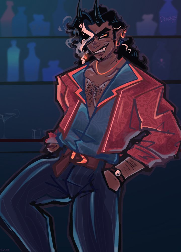 A drawing of an evil looking man leaning against a bar 
He has black unruly curly hair in a low ponytail with a white streak in it
He is wearing 1970s themed apparel 
He’s smoking a cigar 