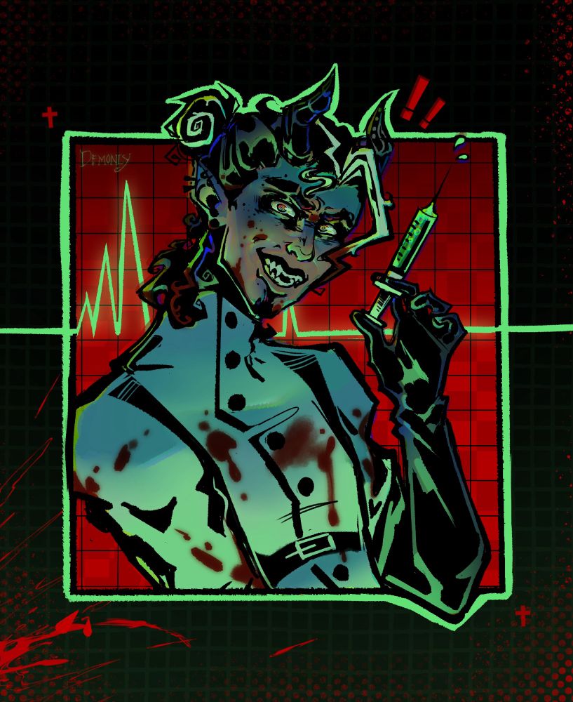 Digital drawing of my character Viktor, he’s pictured looking crazy holding a syringe wearing a scientist lab coat 