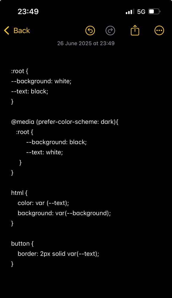 Screenshot of some css showing how to set up a simple dark/light mode with only one media query with a couple of lines