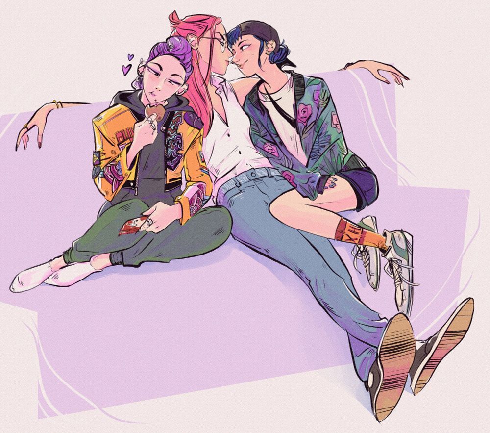 Digital art. Fanart of the 3 protagonists from K-pop Demon Hunters. 

They’re all sat on a couch in casual clothes. 

Mira sits in the middle, with her arms spread out on either side. She’s sharing a pepero (cookie stick) with Zoey. 

Rumi is leaning back against Mira and staring lovingly at a choco-pie.

