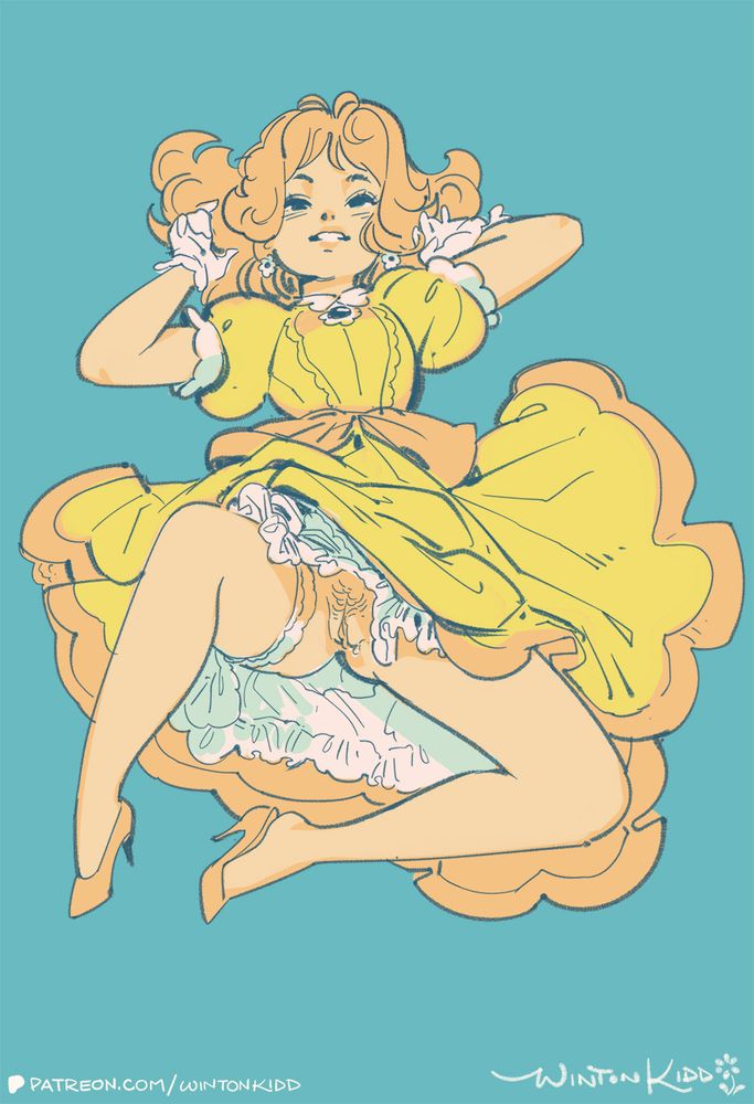 Princess Daisy laying on a flat blue background, dress all askew.