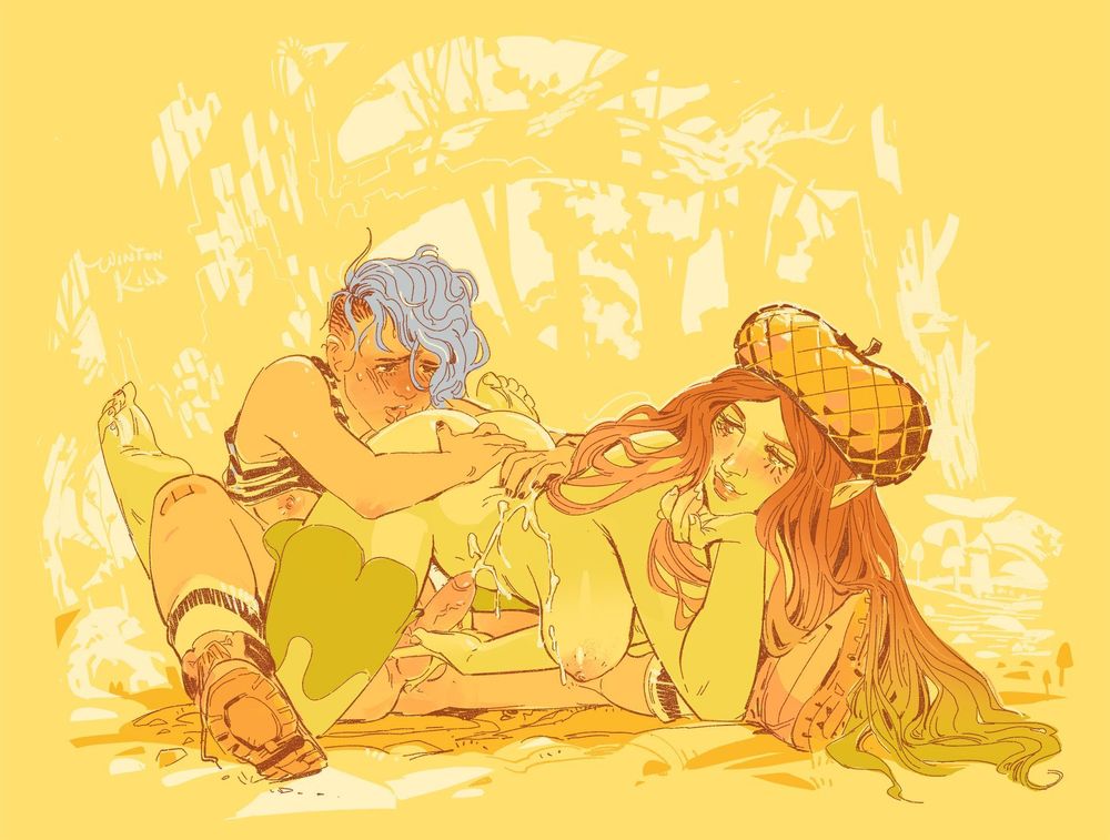 Poppy, a transfem hiker, holds on for dear life while being given a handjob by a dryad named Oak.