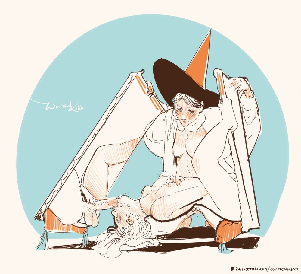 An unclothed witch assists in holding two picture framed portals in place so that a transfemme witch can perform auto fellatio with a more comfortable posture.