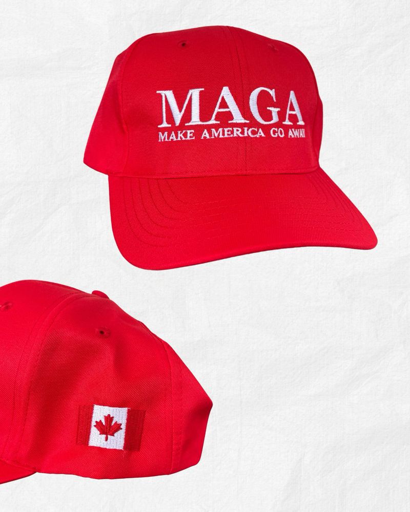 A red “Make America Go Away” hat sitting on the dashboard of a vintage car, blending automotive nostalgia with a humorous take on Canada-US relations. A must-have for classic car lovers with a sense of humor.