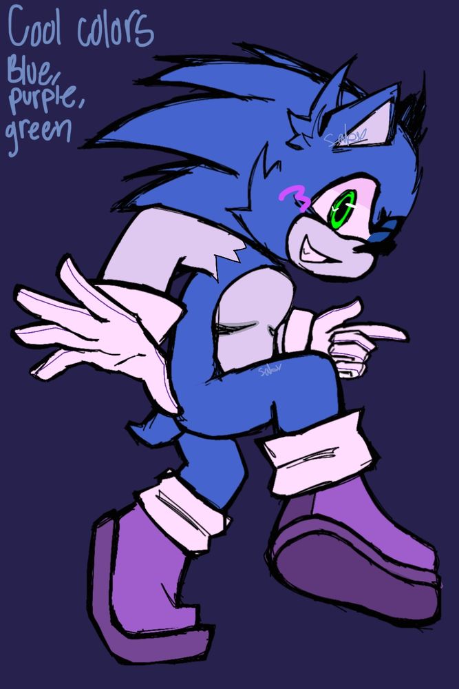 a drawing of sonic with a blue, purple, and green color pallet for a "cool" coloring prompt.