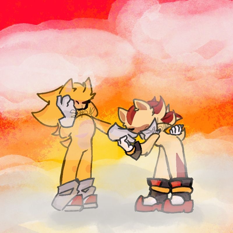 super sonic and super shadow, shadow kissing sonic's hand, while they stand among the clouds