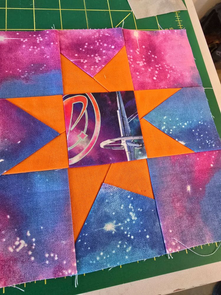 Wonky star quilt block star trek orange and space