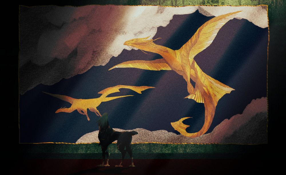 A ardragmon named Witch Eater gazes upon a tapestry of two golden dragons, lamenting he will never be one of them due to the cruelty of his former owner. 