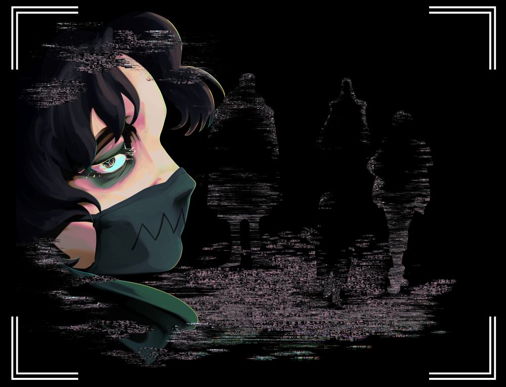 a profile of a young woman known as Sybil looks to the viewer as indistinct static filled human shapes make themselves known out of the dark.