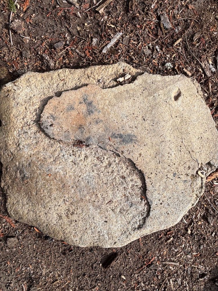 a round stone about the size of a manhole cover along the shore of upper twin lake, kinda looks like a taijitu