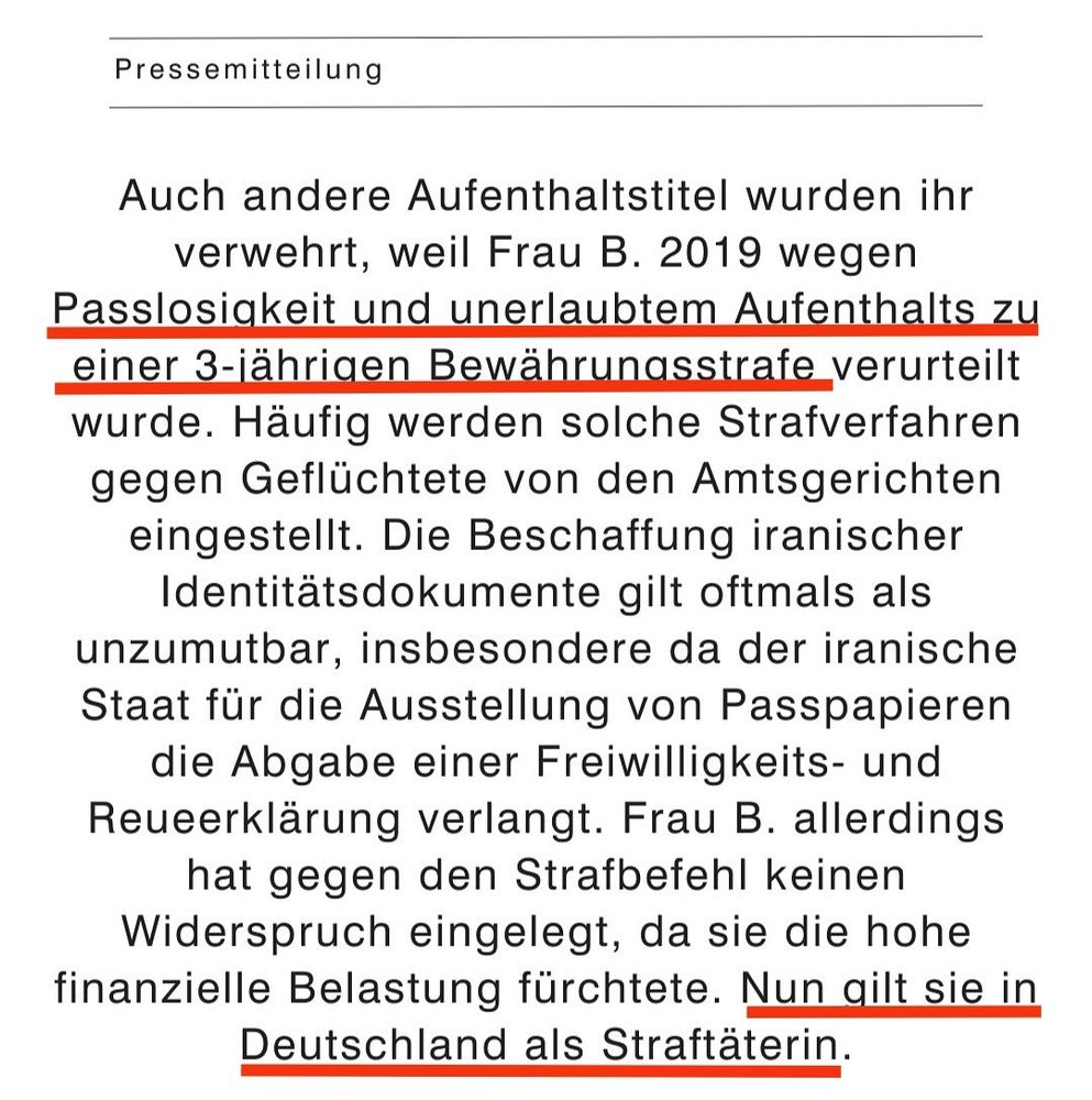 Frau B. wird wegen Passlosigkeit und unerlaubten Aufenthalts zu einer 3 jährigen Bewährungsstrafe verurteilt. Nun gilt sie in Deutschland als Straftäterin.