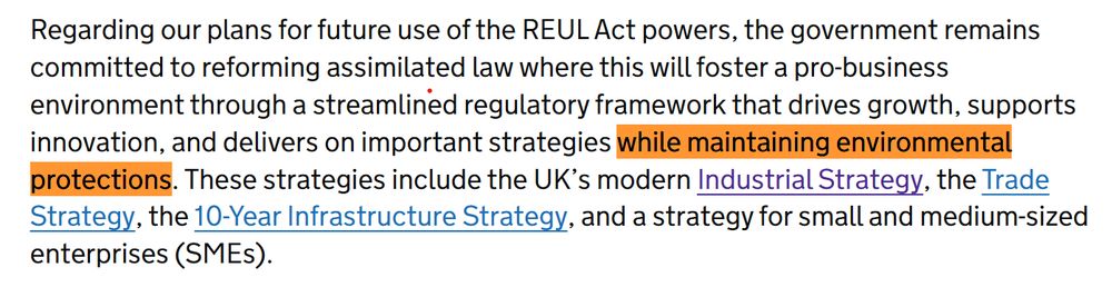 Extract from the government's Assimilated Law Parliamentary Report: December 2024 to June 2025, confirming that environmental protections will be maintained when it exercises its powers to change laws which originated from the EU.