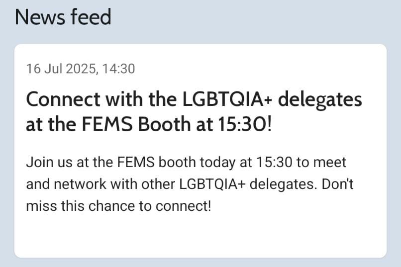 FEMS micro 2025 news post about the LGBTQ+ social occurring at the FEMS booth at 15:30 today
