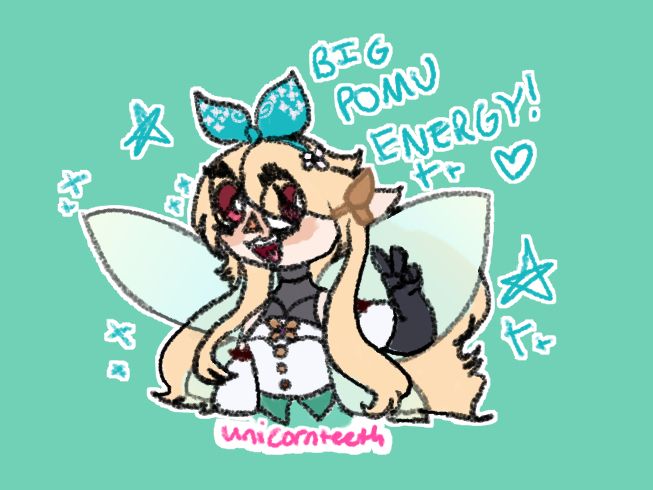 Pomu Rainpuff of Nijisanji EN's first wave Lazulight. She's giving a peace sign to the camera, surrounded by stars, a heart, and various sparkles, while exclaiming "Big Pomu Energy!"