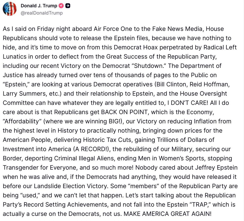 Trump now says House Republicans should vote to release the Epstein files “because we have nothing to hide” 